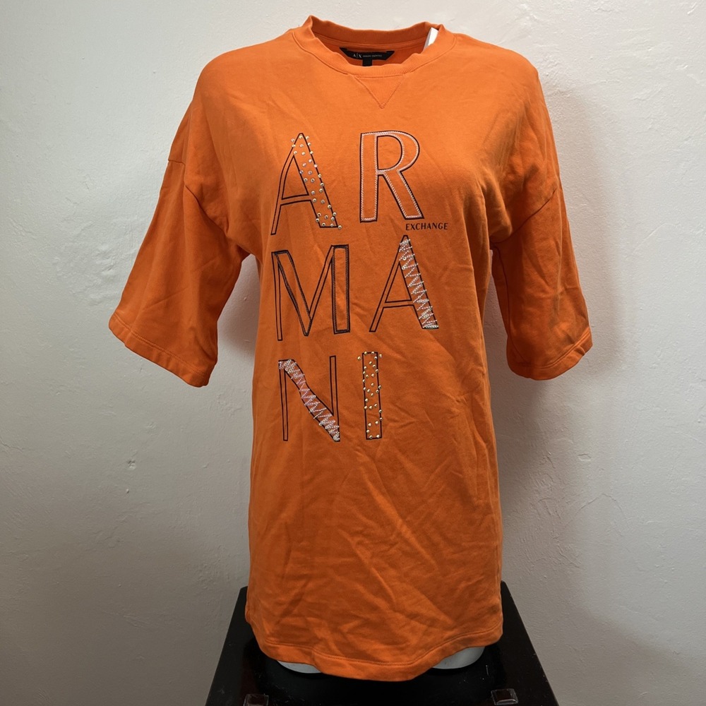 Armani Exchange Womens XS Long Sweat 3/4 Sleeve Rhinestone Orange 100% Cotton